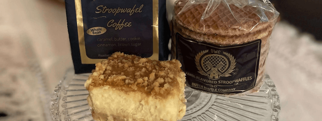caramel coffee cheesecake bars with shortbread stroop crust