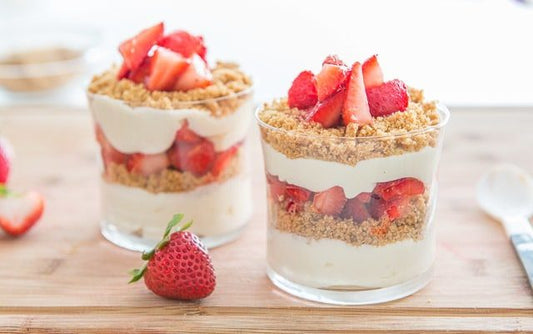 two glassed filled with parfait and made with traditional and gluten free No Bake Stroopwafel Pie Crust from Dutch Waffle Company LLC, DWC, Fresh is Best!