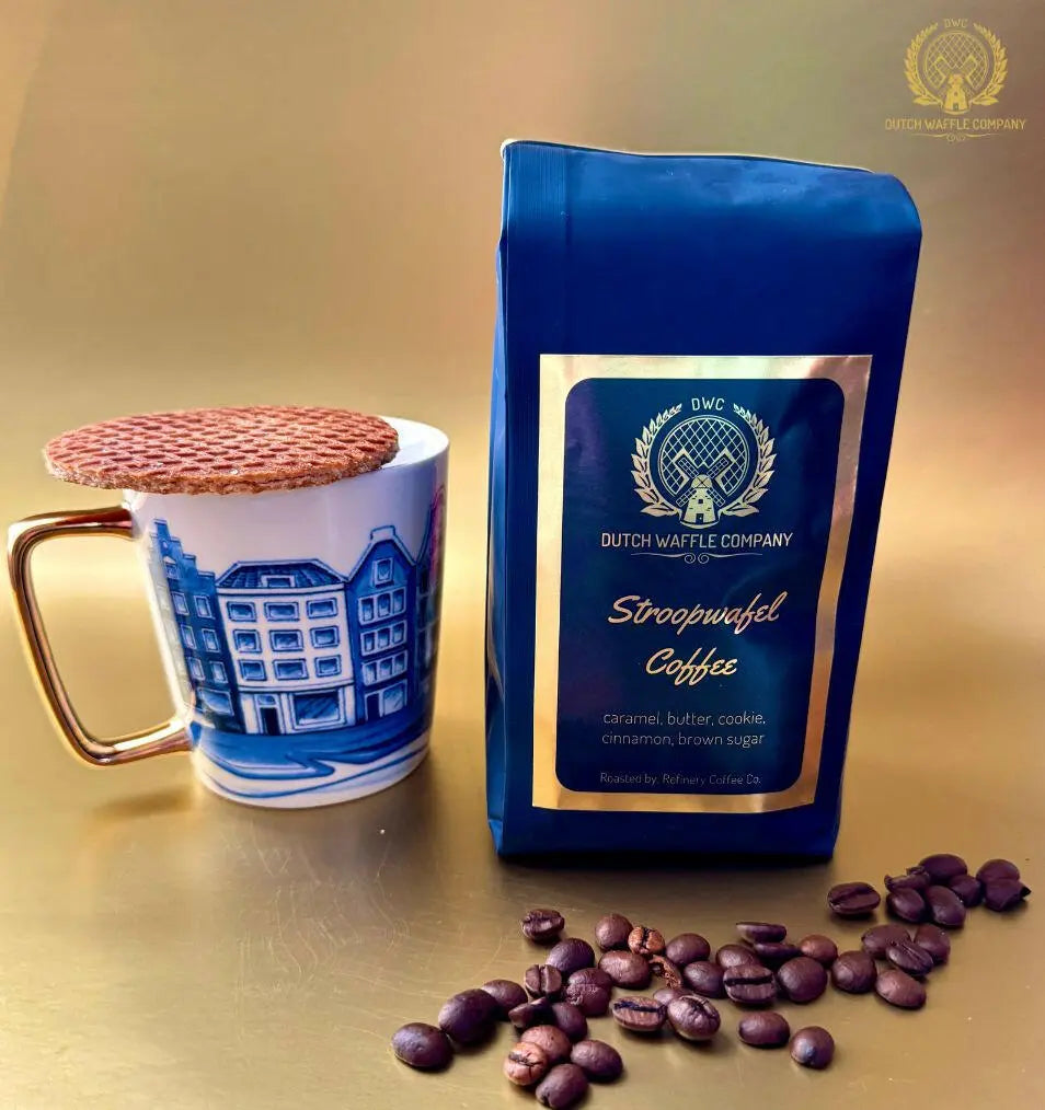 Bag of Stroopwafel coffee with a Dutch mug and stroopwafel