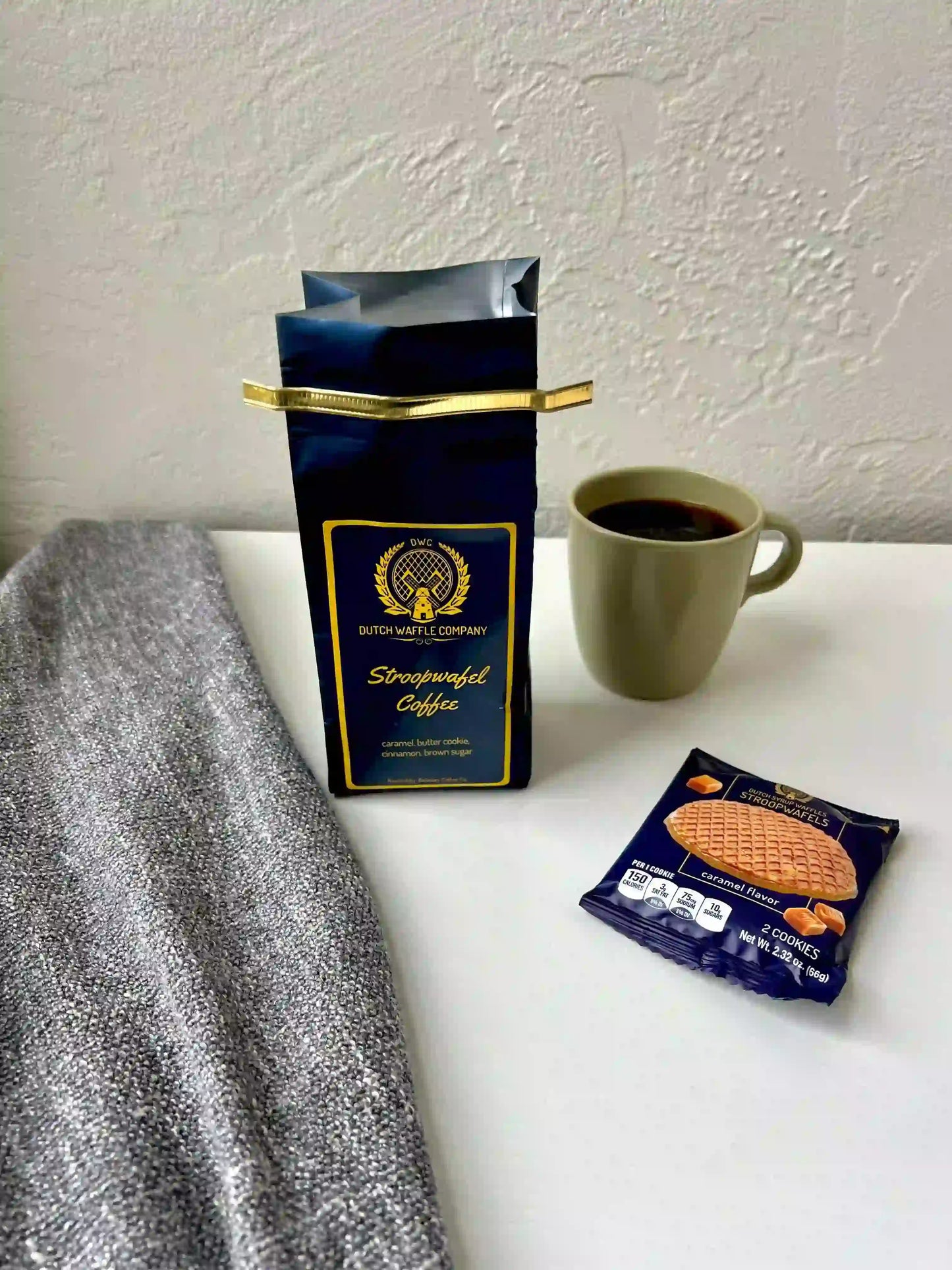 Bag of Stroopwafel coffee with a stroopwafel