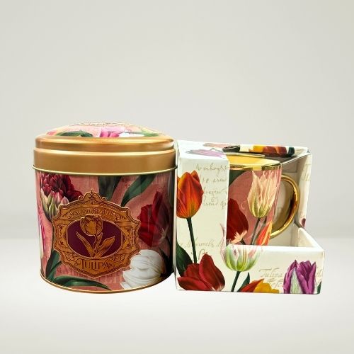 Stroopwafel tin (empty) with elegant mug in Dutch Tulip design