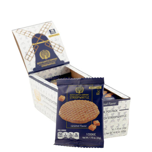 A box full of classic stroopwafel single packs from Dutch Waffle Company