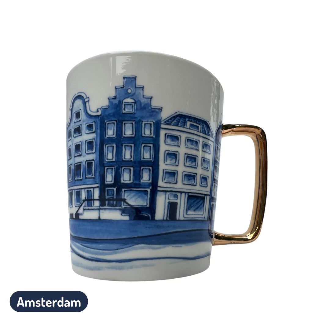 Dutch gold handle mug with Amsterdam cityscape design