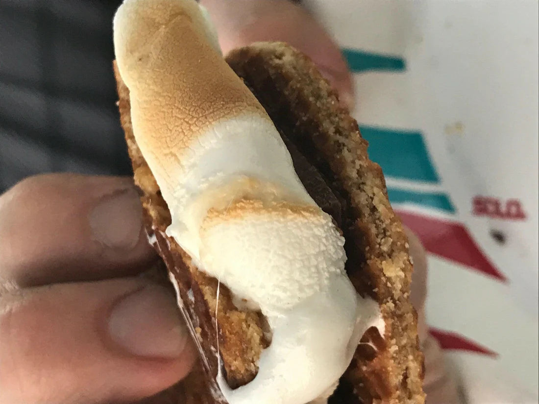 A roasted s'more squished between two stroopwafels