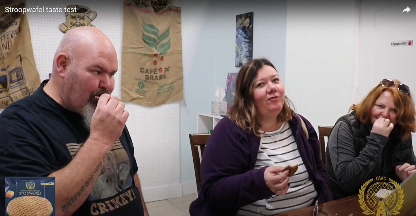 People taste testing fresh stroopwafels from Dutch Waffle Company and comparing them to overseas shipped stroopwafels